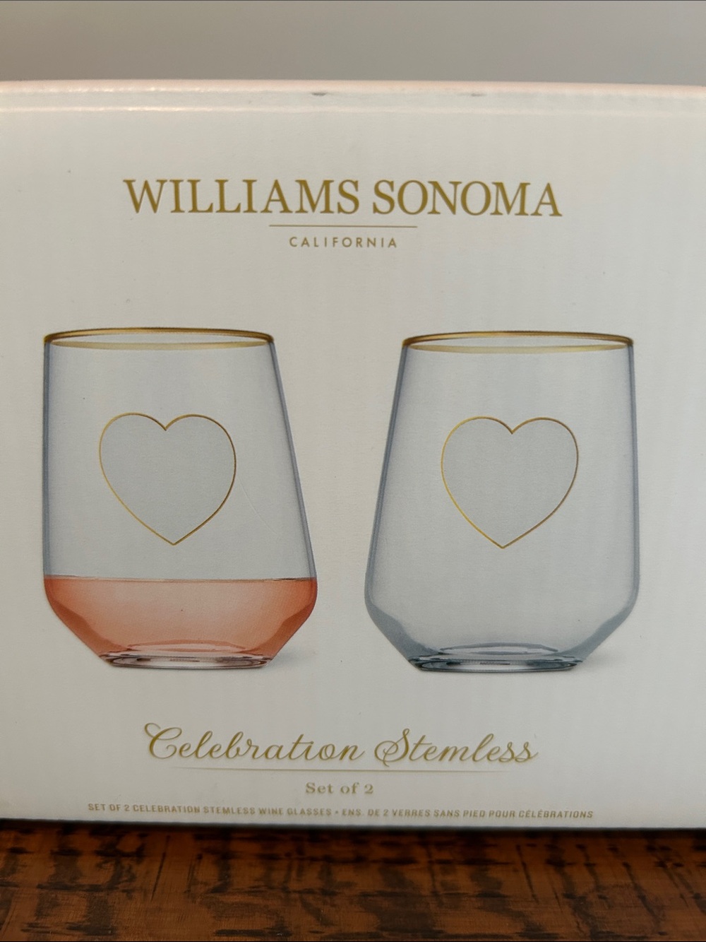 Williams Sonoma Celebration Stemless Wine Glasses - Gold Trim & Heart